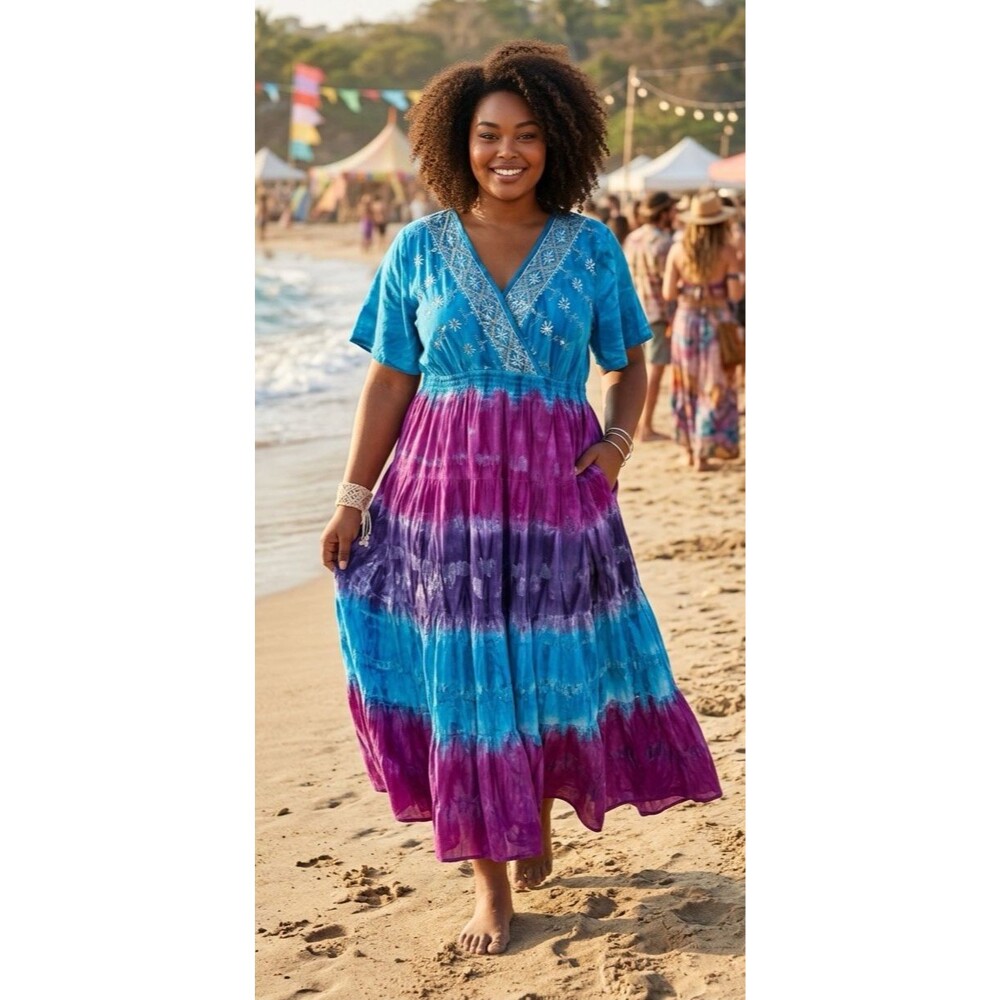 Maggie Barnes NEW womens tiered sequined v-neck tie dyed maxi dress size OX